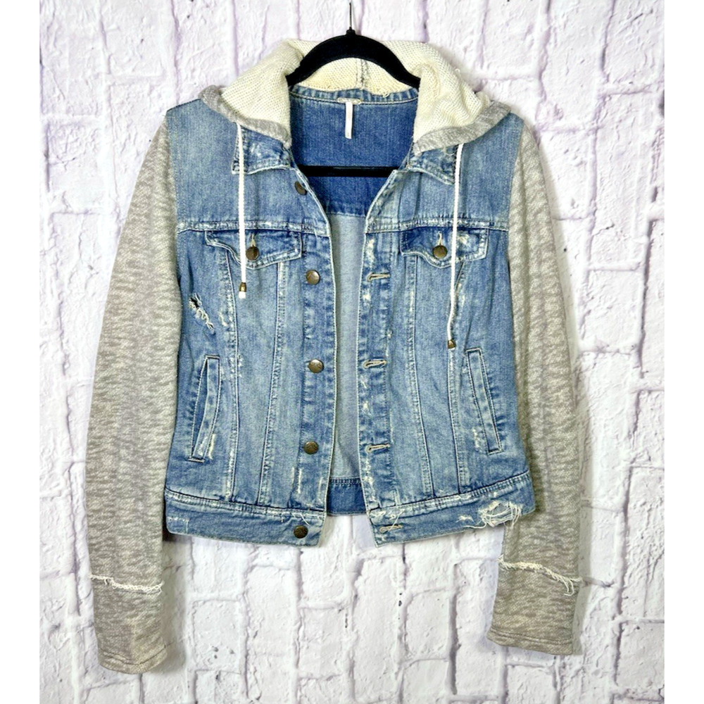 Free People Distressed Jean Hooded Knit Sleeve Women's Small Button Up Jacket